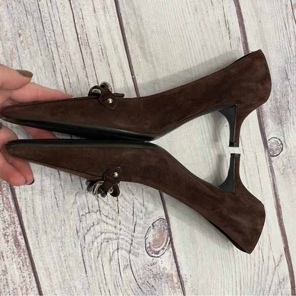 Prada Vintage Suede Chain Front Kitten Heel Brown Size 41 = US 11 - Picture 6 of 8